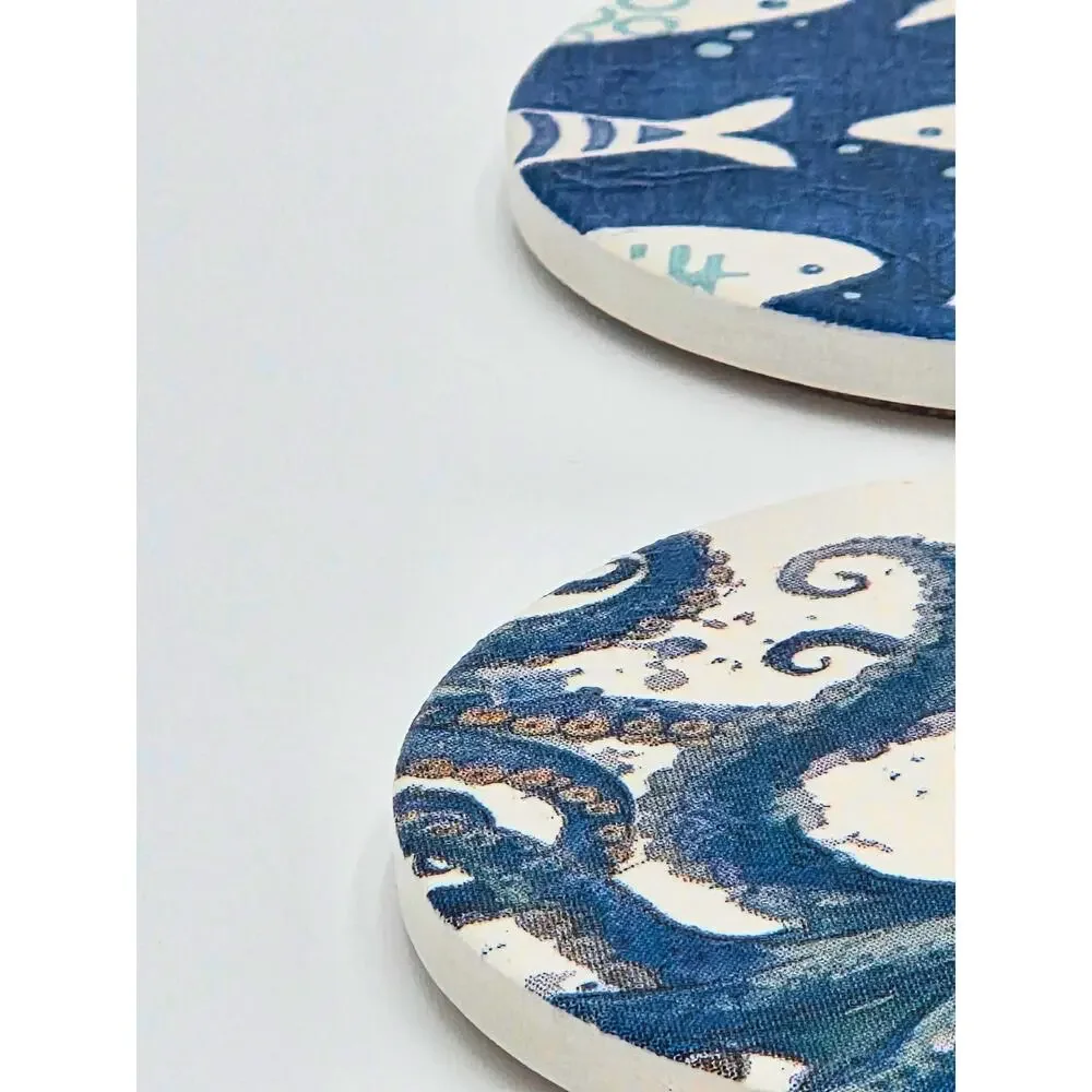 Blue Coastal Watercolor Ceramic Coaster Set – Ocean Art Tiles (Set of 4)